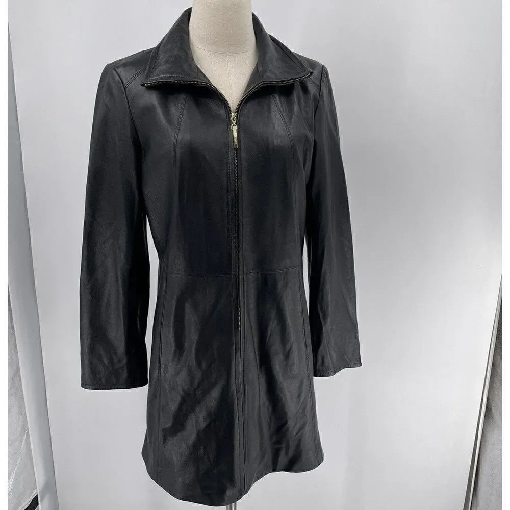 Ellen Tracy Women's Soft Black Leather Jacket Medium Long Full Zip